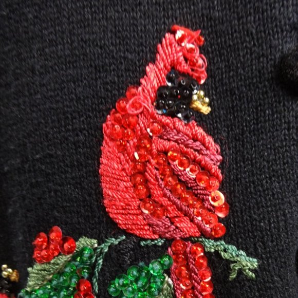 Black w Cardinal Holiday Sweater Size Large Velvet Collar Party Sequins - Picture 6 of 7